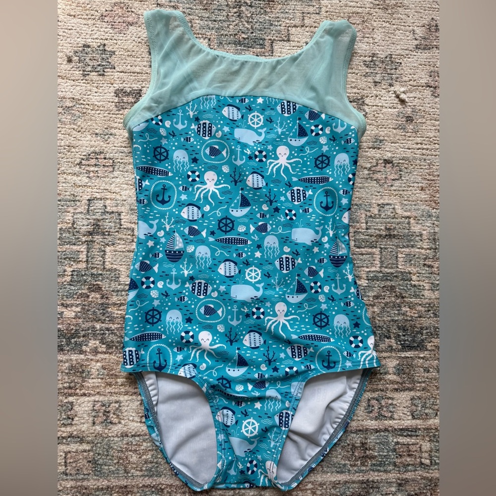 Blue Nautical unique Charms Dancewear ballet leotard bodysuit sz S mesh accents